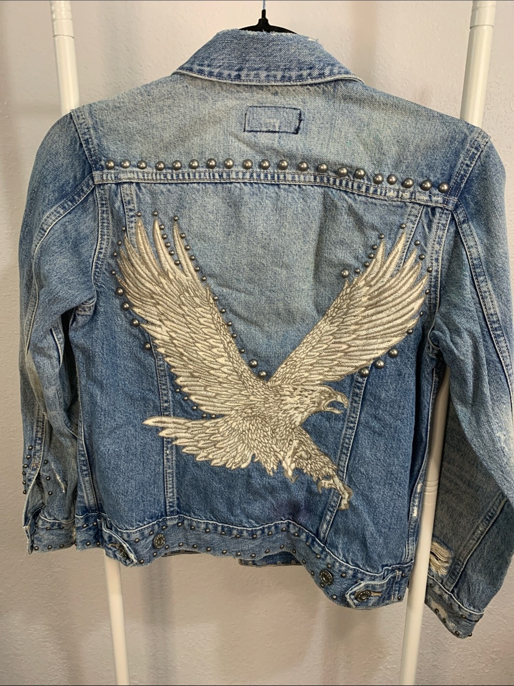 Lucky Brand Light Blue Denim Jacket with Silver Eagle Embroidery